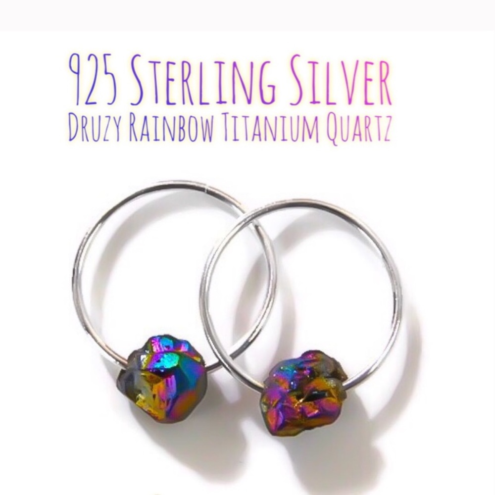 3 x sets of 925 sterling silver druzy titanium quartz CBR sleeper hoop earrings